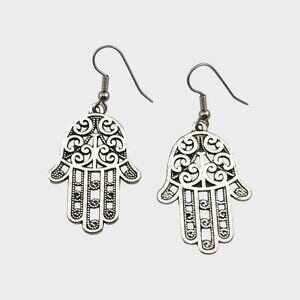 Antiqued Silver Tone Hamsa Hand Earrings Stainless Surgical Steel Ear Wires